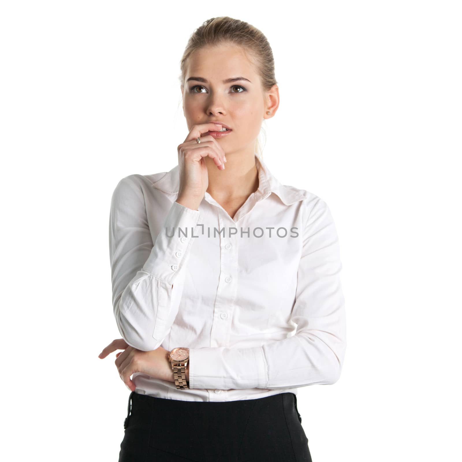 Portrait of young businesswoman isolated on white background