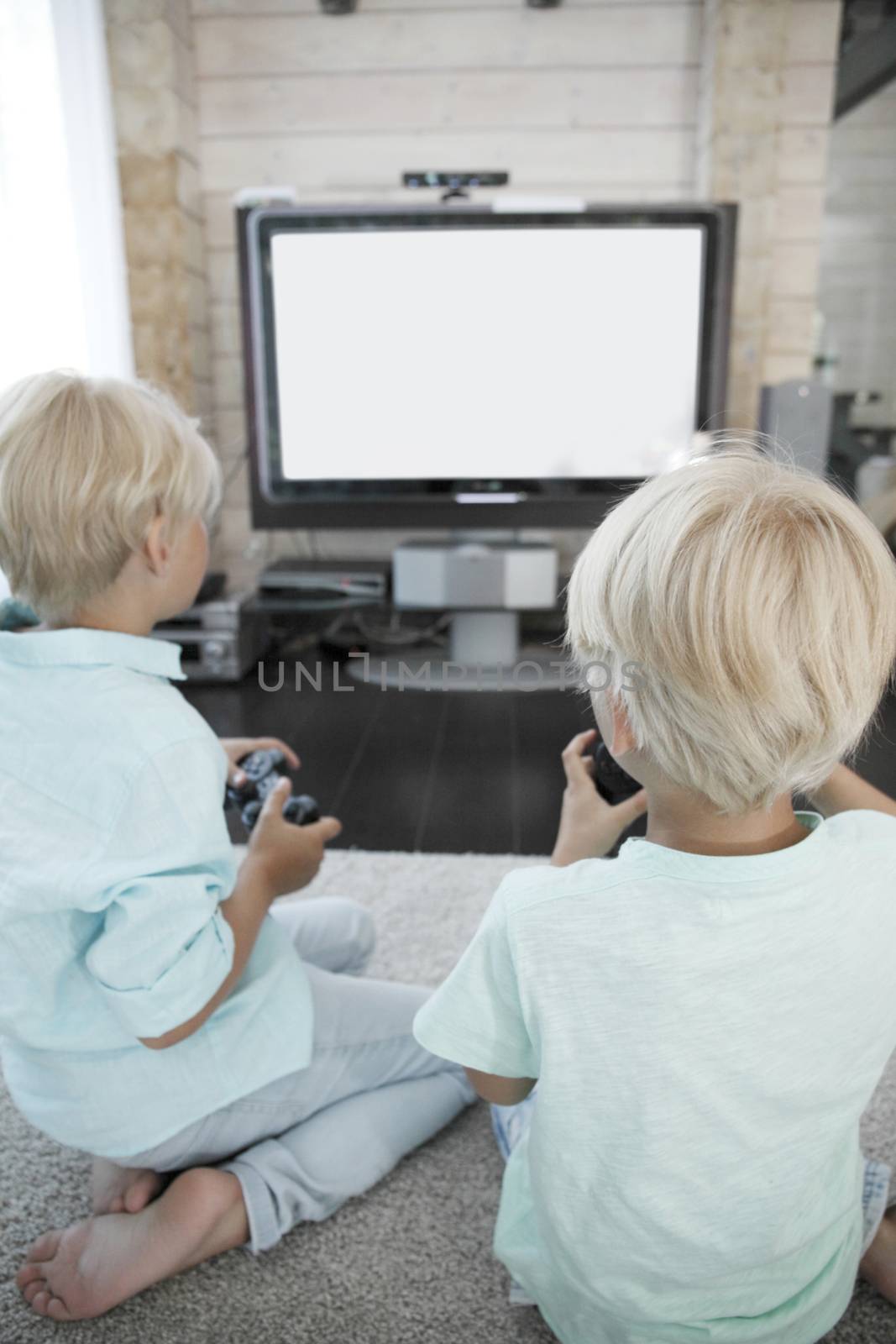 Two brothers playing video games at home