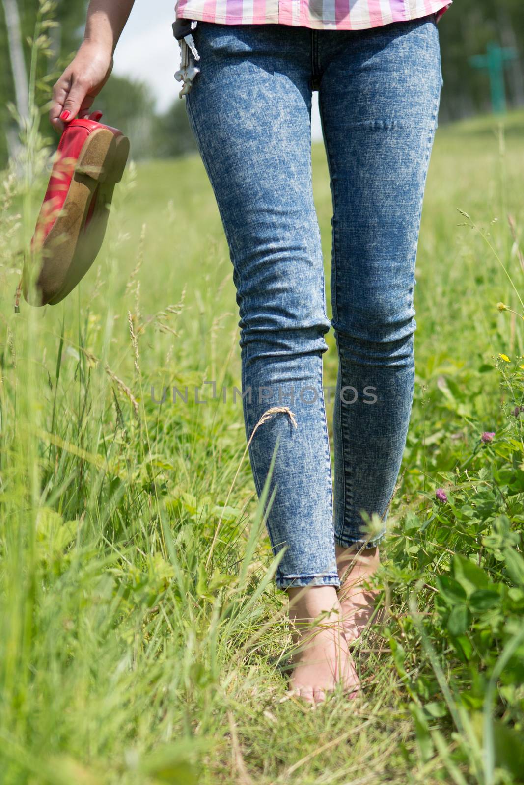 Beautiful young female legs walking on the grass in summer