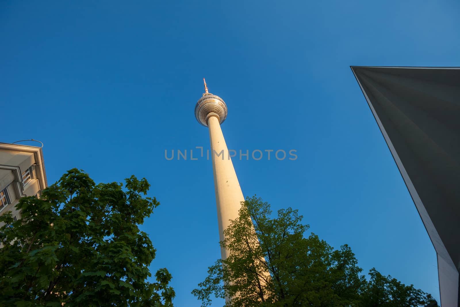 The Fernsehturm (TV Tower) seen at Berlin's Alexanderplatz from below