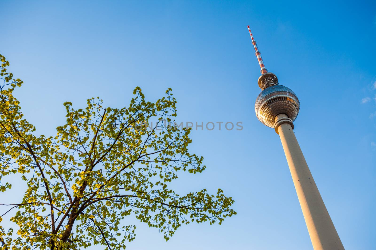 The Fernsehturm (TV Tower) seen at Berlin's Alexanderplatz from below