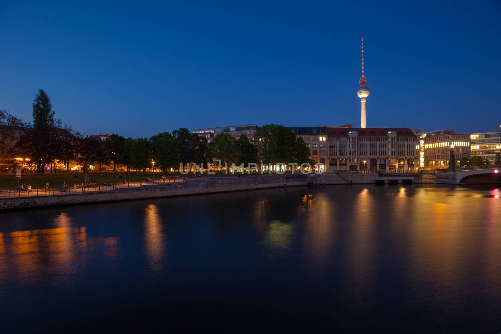 Berlin's River Spree and TV Tower (Fernsehturm) at twilight