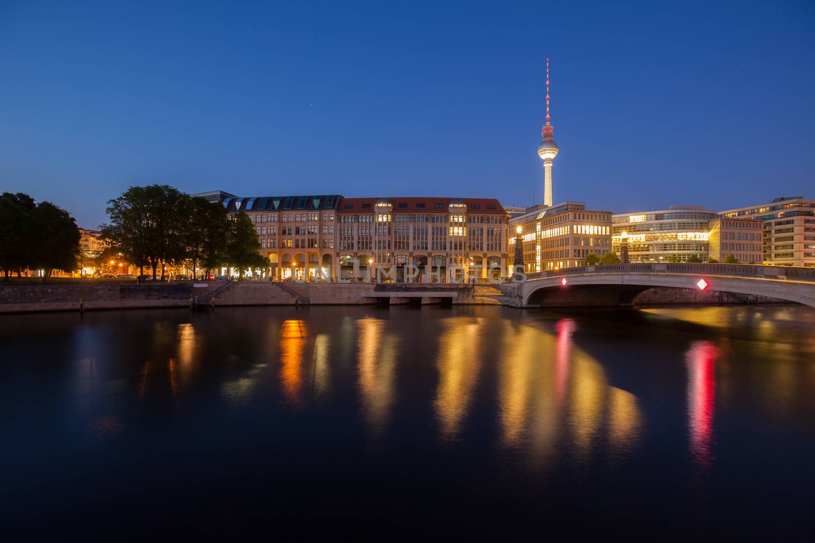 Berlin's River Spree and TV Tower (Fernsehturm) at twilight