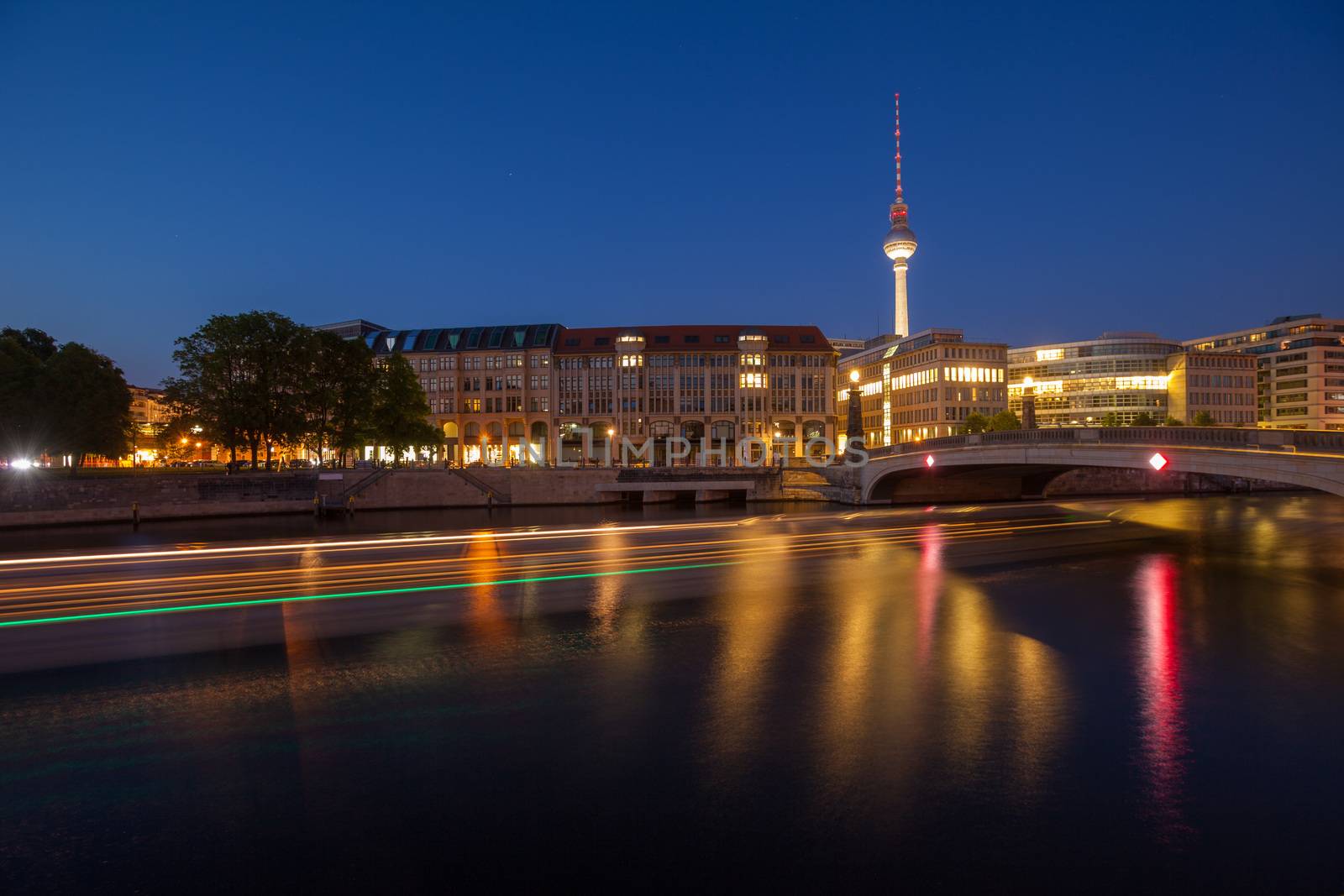 Berlin's River Spree and TV Tower (Fernsehturm) at twilight with light trails
