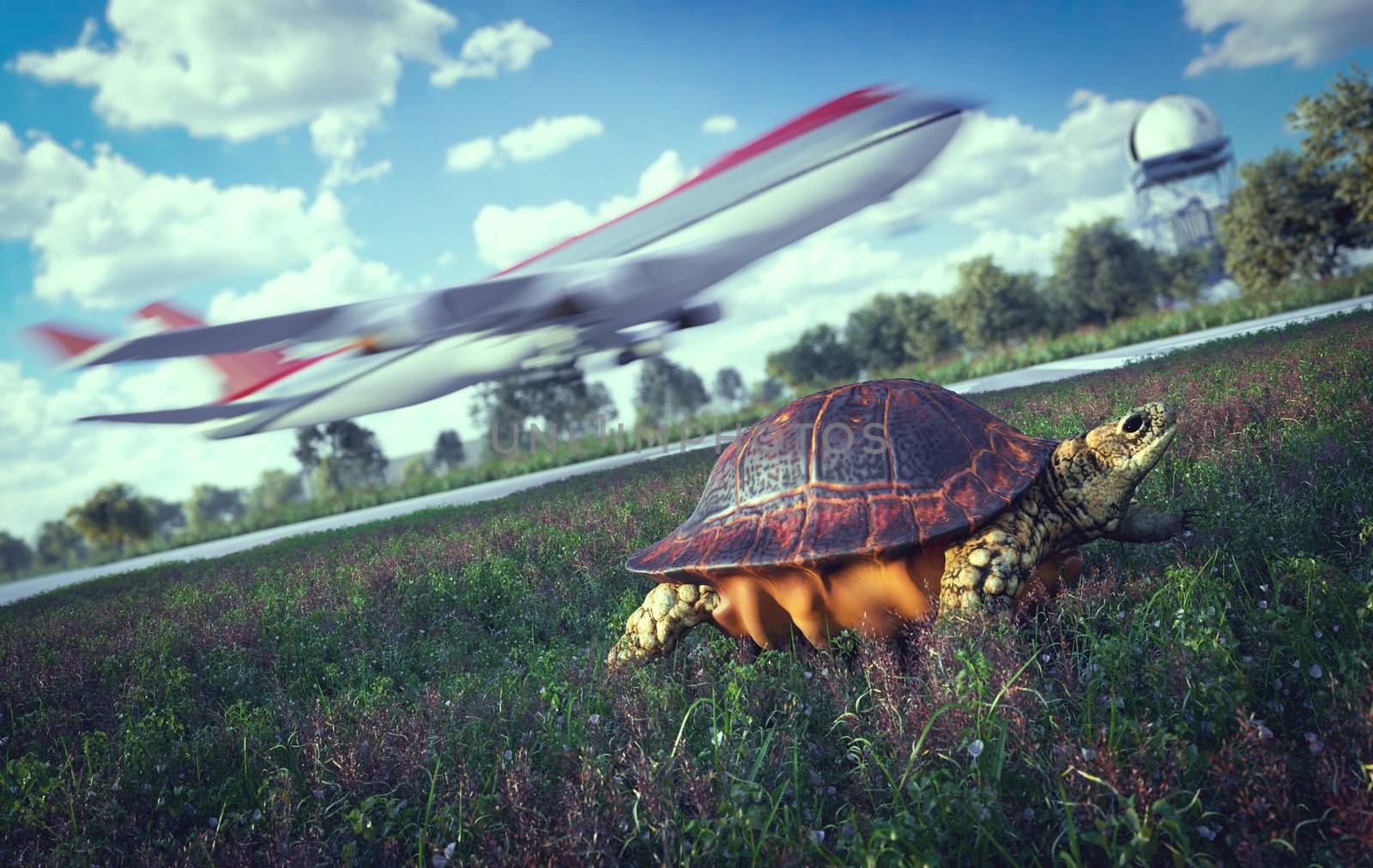 Who's faster. Airplane and running turtle. Travel technology concept