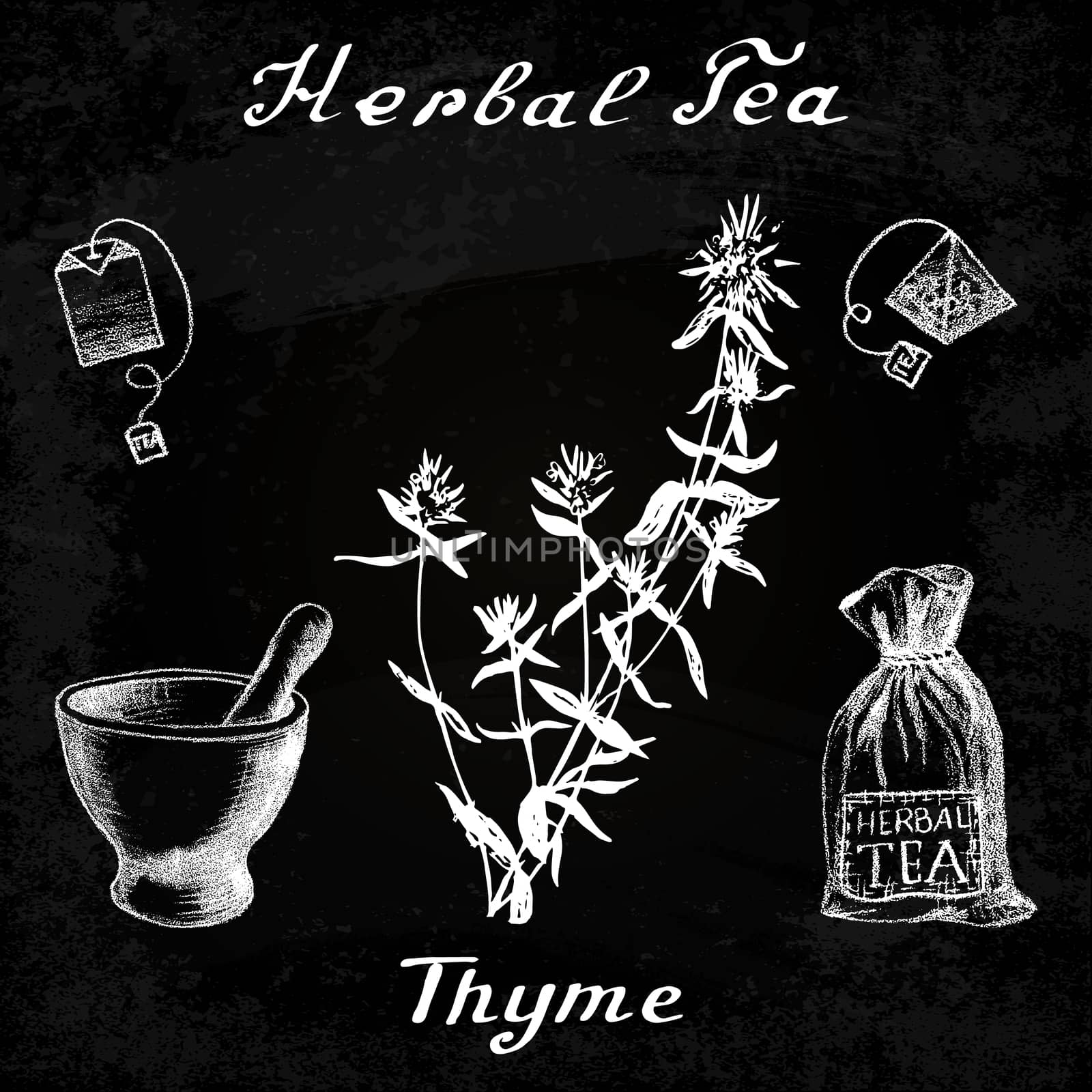 Herbal tea, thyme, mortar and pestle, bag, tea bag. Chalk board. by Julia_Faranchuk