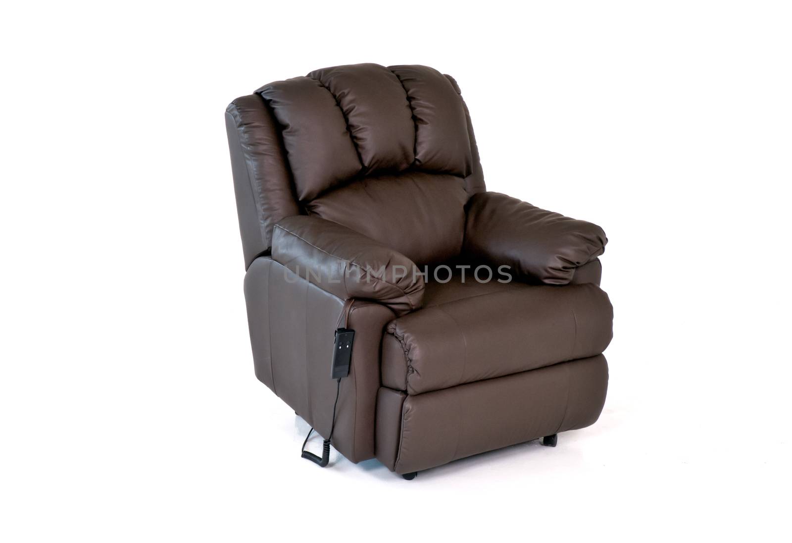 Brown reclining leather chair with controls on white background
