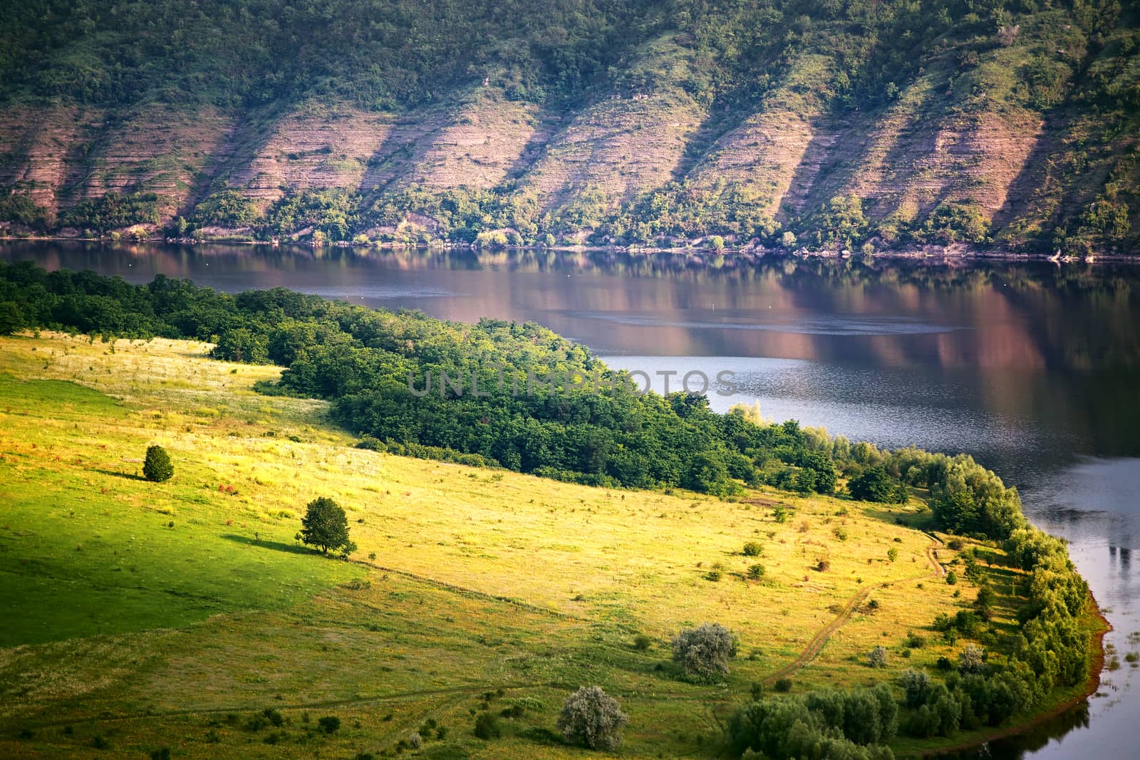 Summer sunny morning on the river Dniester in canyon