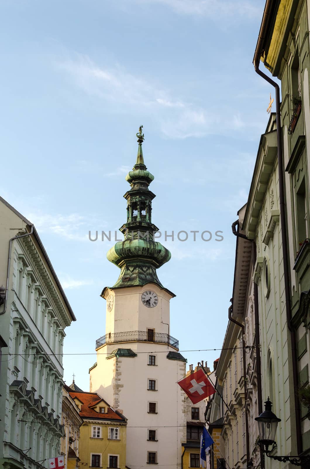Famous St. Michaels watch tower in the old town of Bratislava city, Slovakia