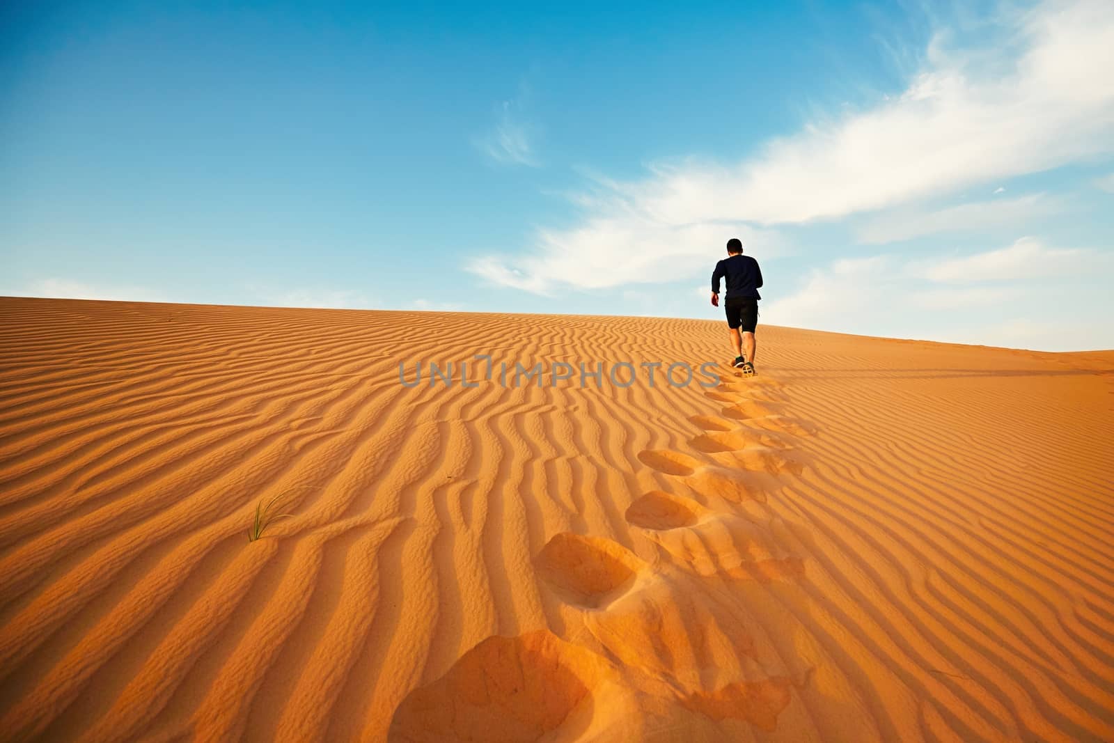 Young man is running to the top of dune in desert