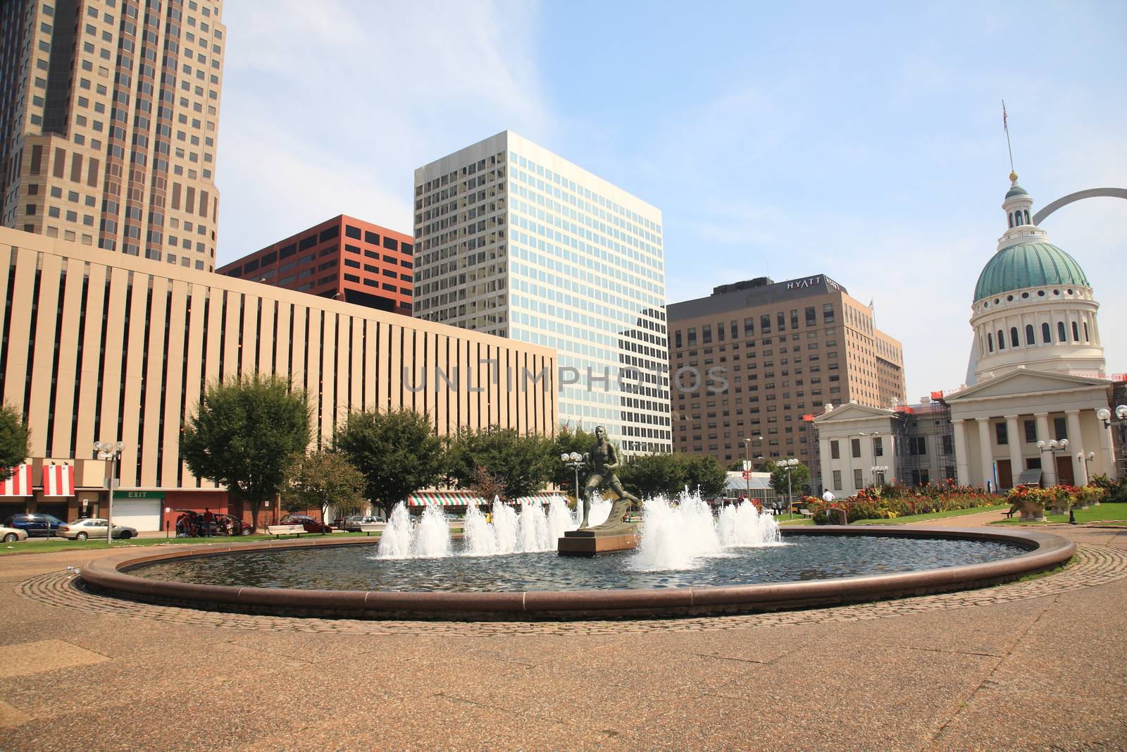 The Running Man Statue in Kiener Plaza St. Louis Gateway Mall near the famous Arch and Old Courthouse.