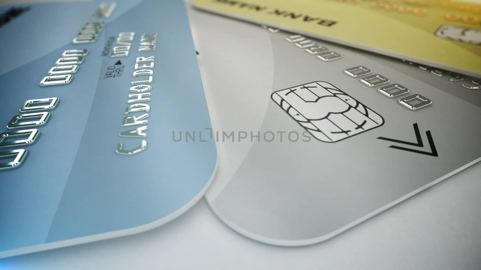 3d rendering. Set of color credit cards isolated on white background. Shopping Concept.