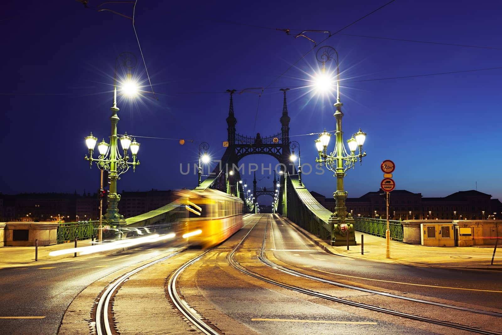 Tram on Liberty Bridge (Freedom Bridge) in Budapest, Hungary