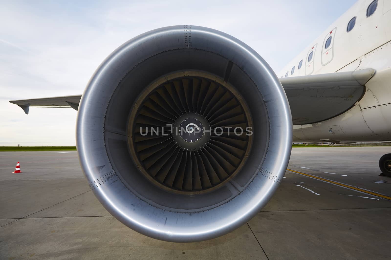 Engine of the airplane at the airport