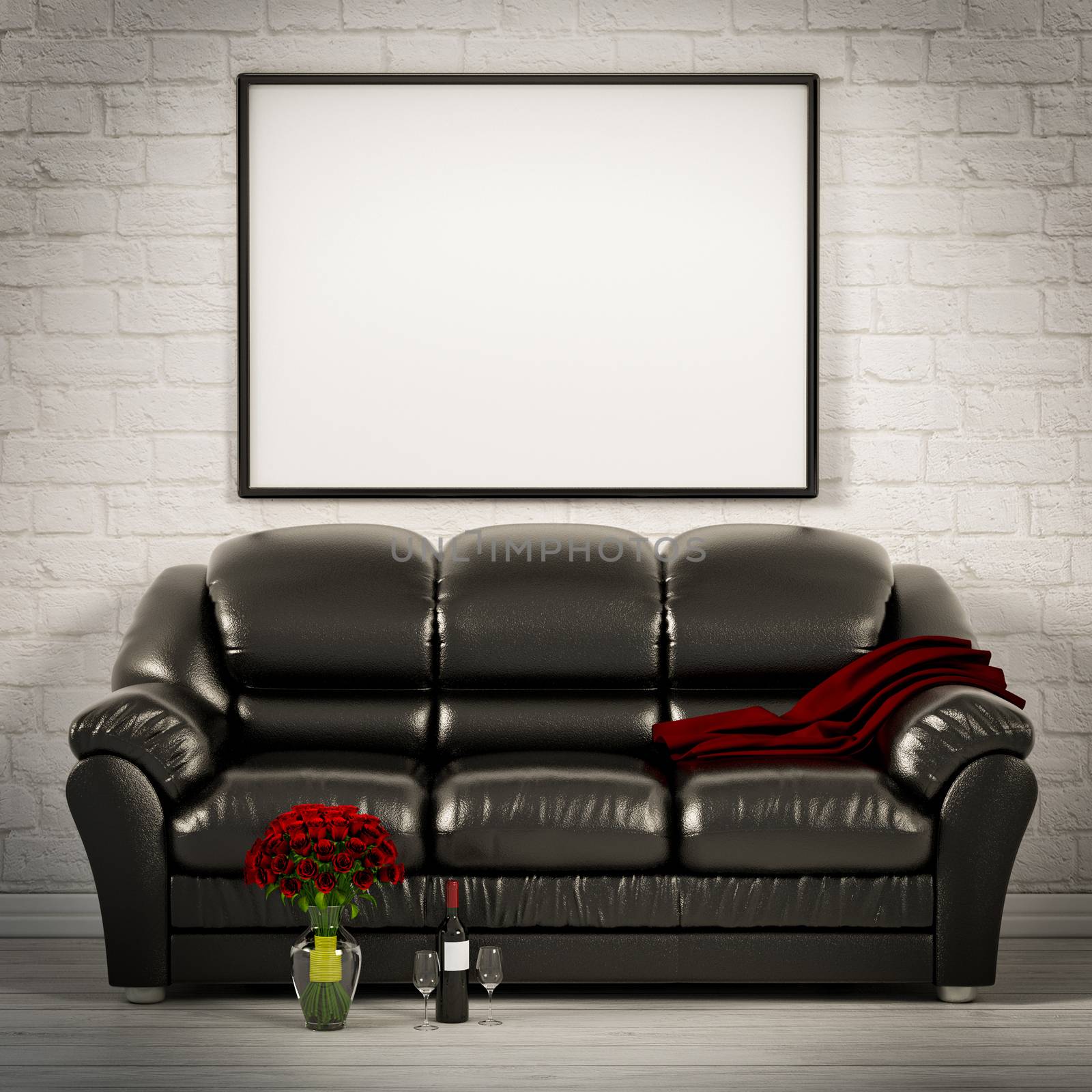 living white room with leather sofa 3d illustration by Lupen