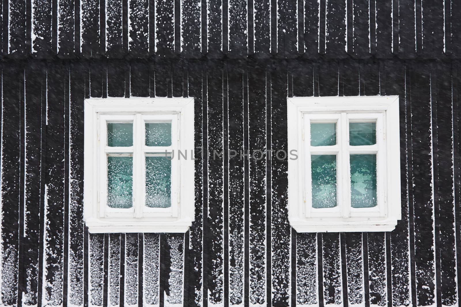 Two windows of the wooden house in winter