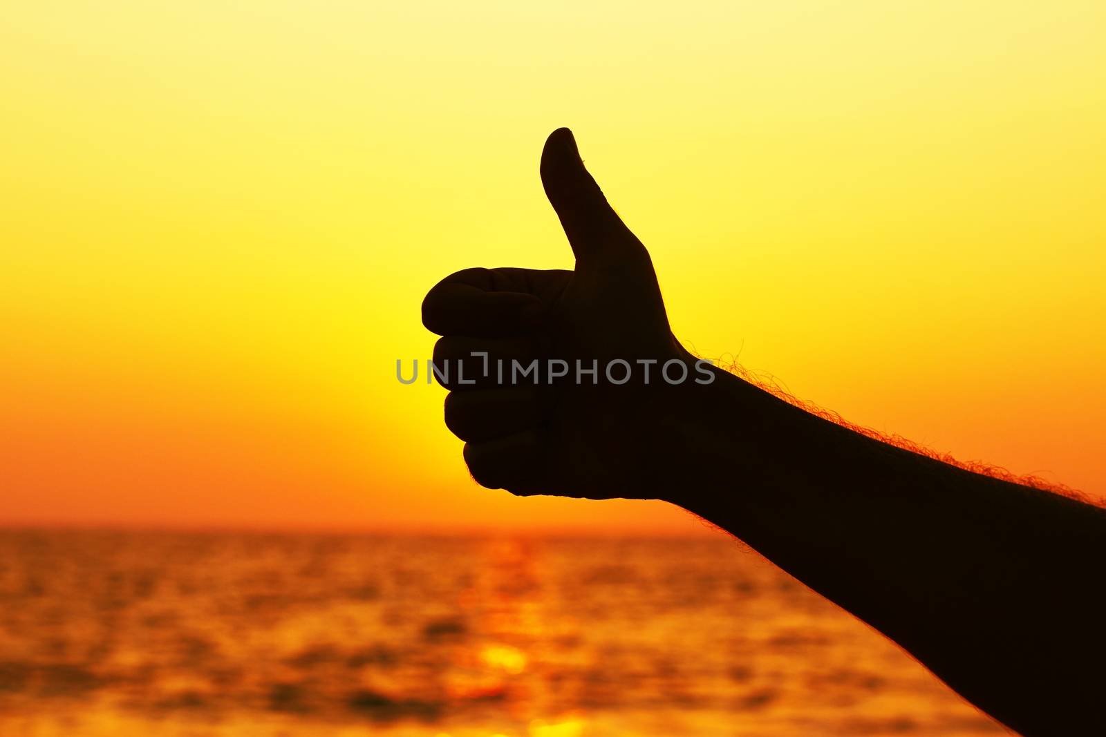 Hand with thumb up on the beach at sunset.