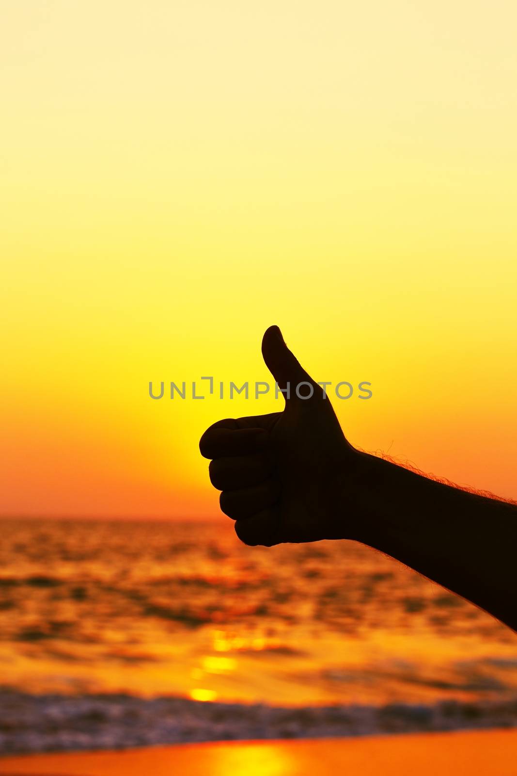 Hand with thumb up on the beach at sunset.