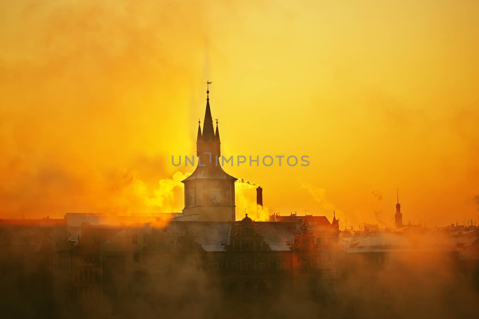 Mystery fog in sunrise in Prague, Czech Republic. 