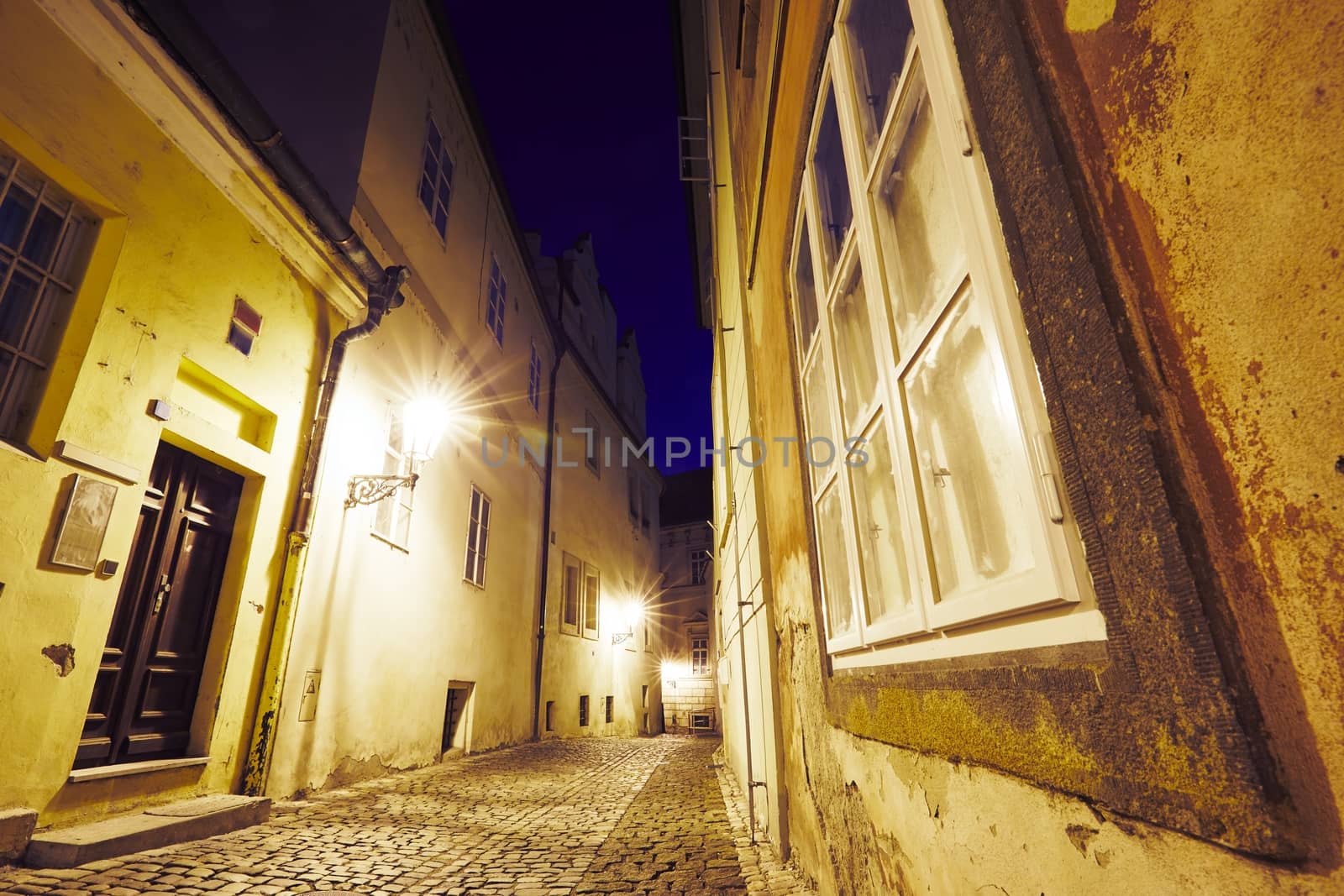Empty old street at night - Prague, Czech Republic
