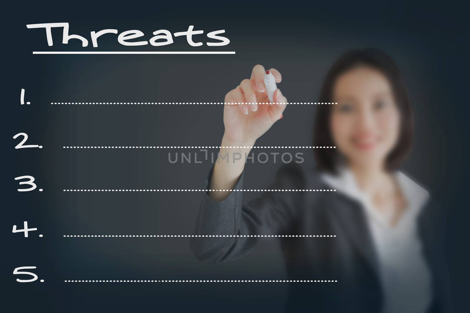 Beautiful businesswoman writing list of business weakness threats