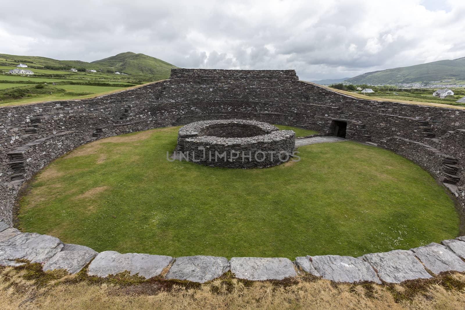 Cahergall Stone Fort near Cahirsiveen in southwest Ireland. This stone fort or Cashel was built as a protected farmstead. It is likely that someone of local importance lived here about a 1000 years ago.