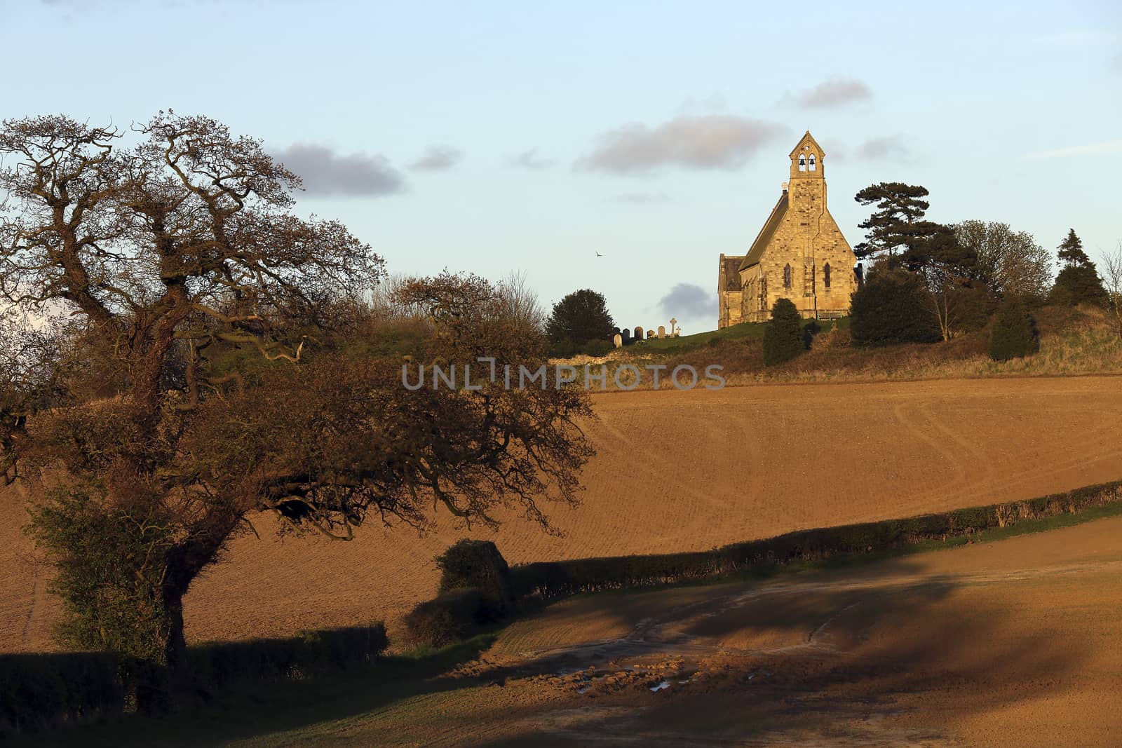 Late afternoon sun on an English Parish Church near the village of Leavening in the countryside of North Yorkshire in northeast England.
