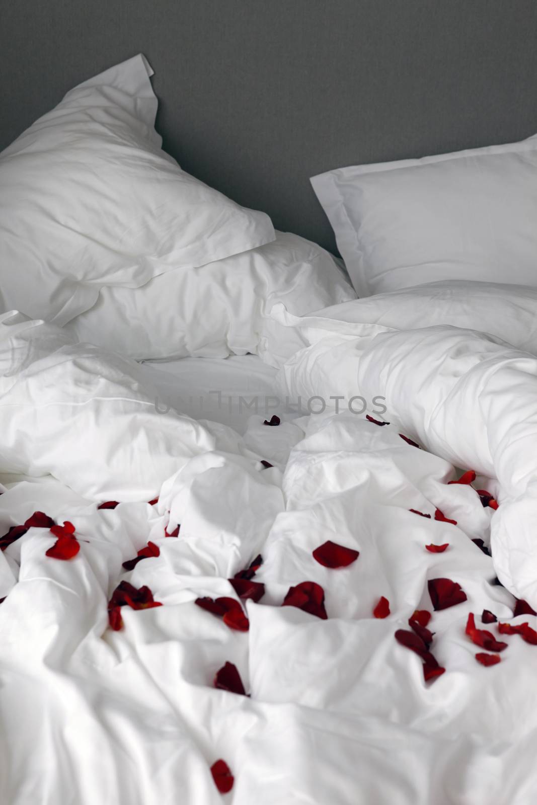 Bed with rose petals by friday