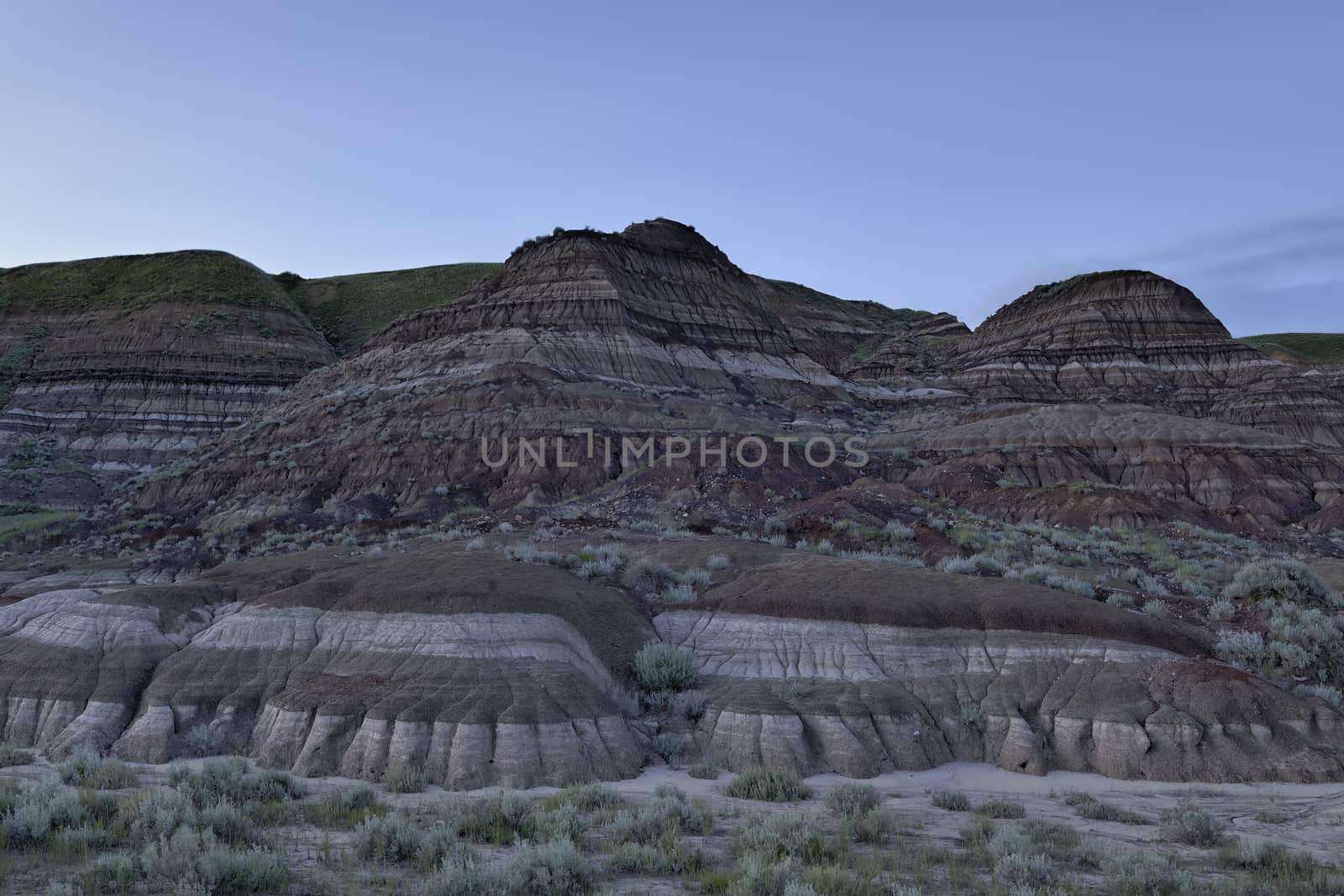 Drumheller Badlands in soft twilight, Alberta, Canada