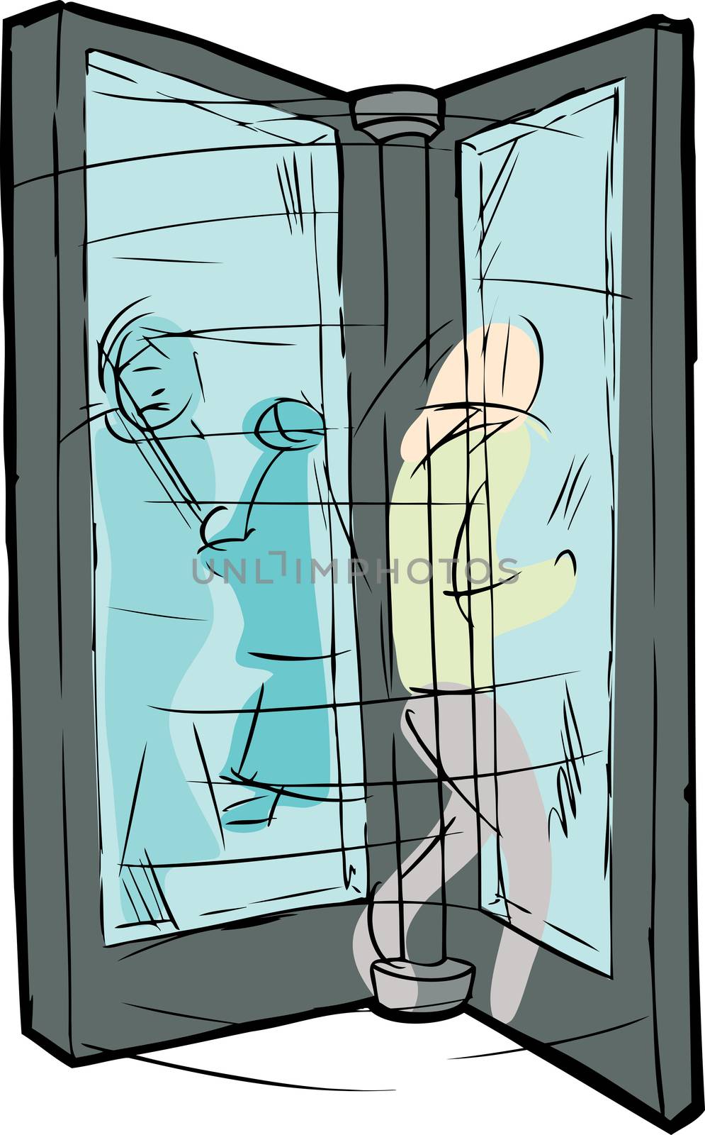 Illustration of blurry people moving through revolving door
