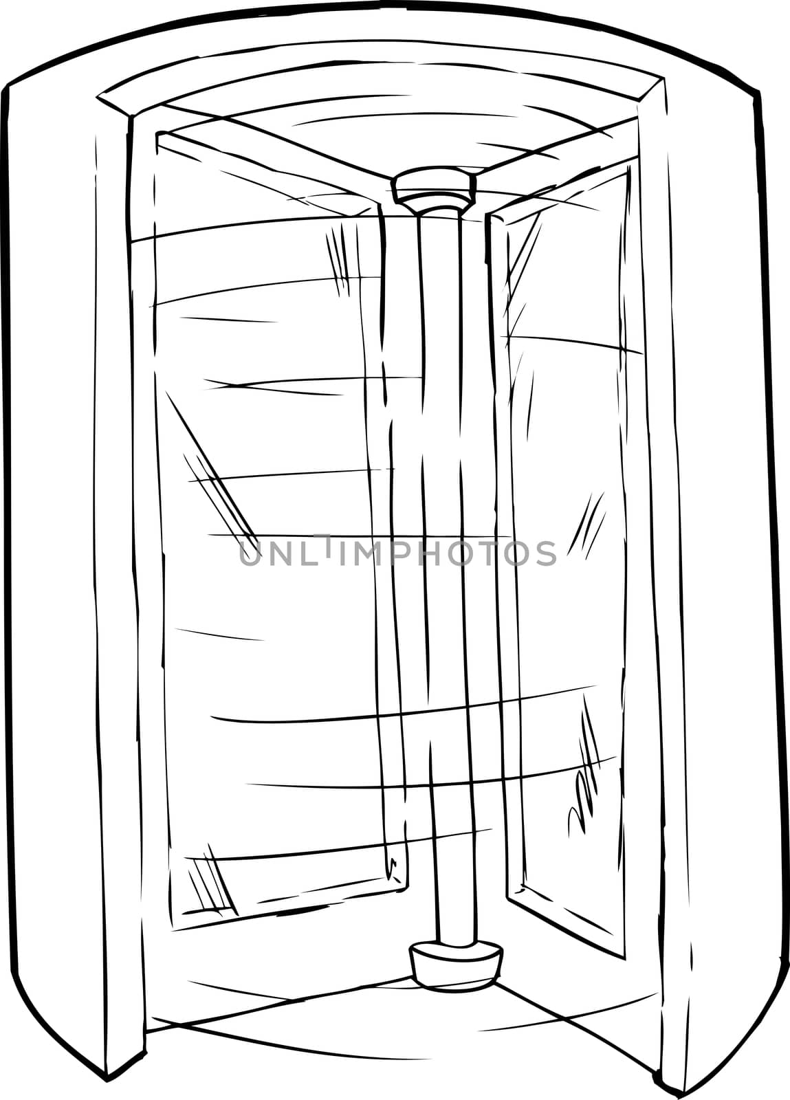 Outlined cartoon doorway with spinning revolving door
