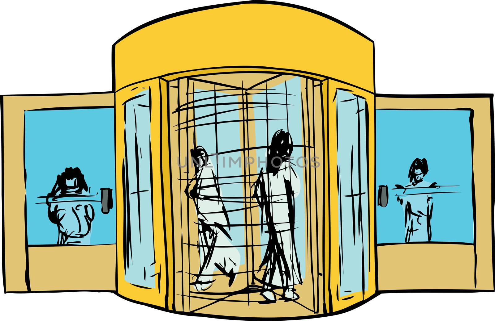 Isolated revolving door entrance with group of people