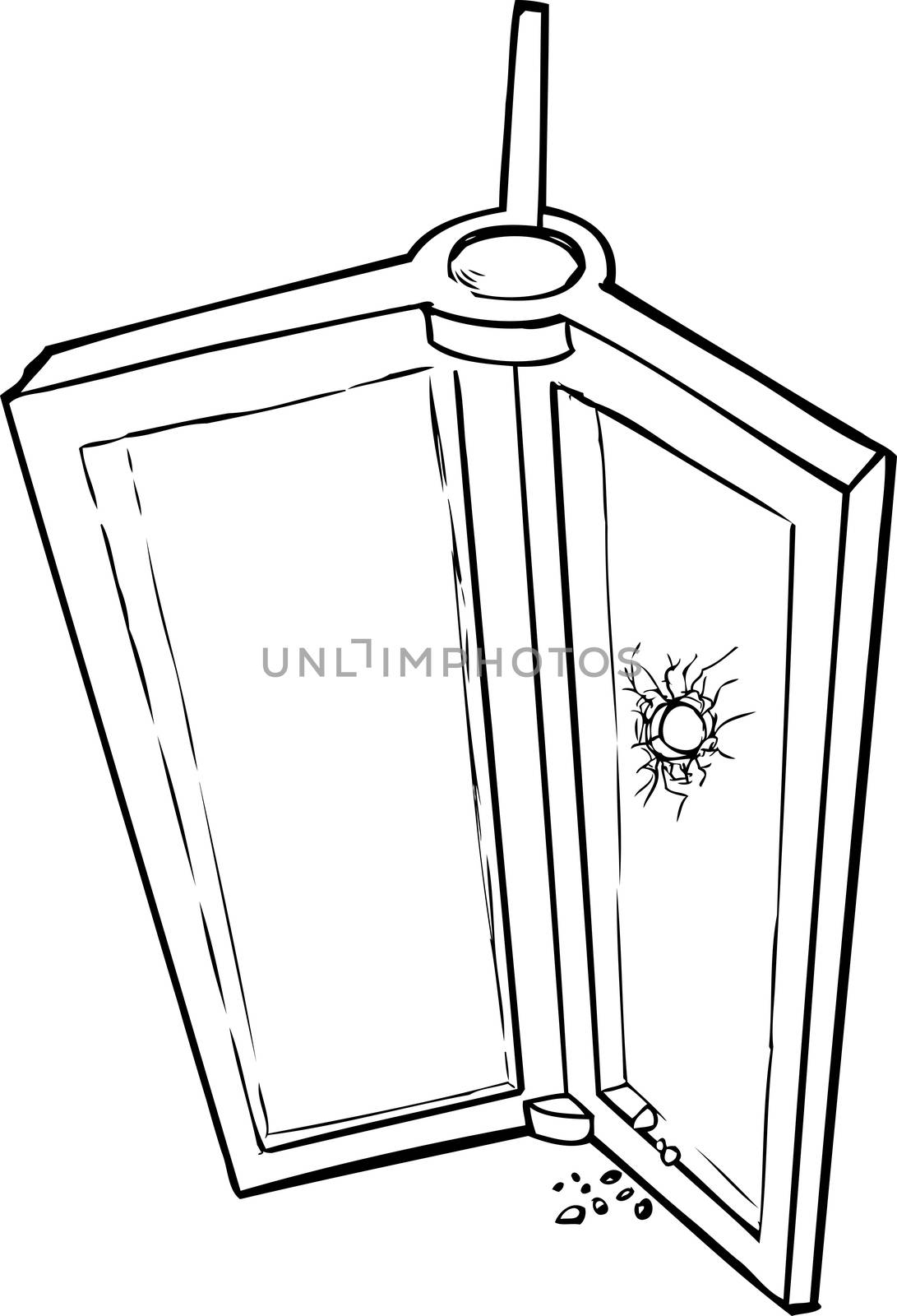 Outlined sketch of revolving door with broken glass