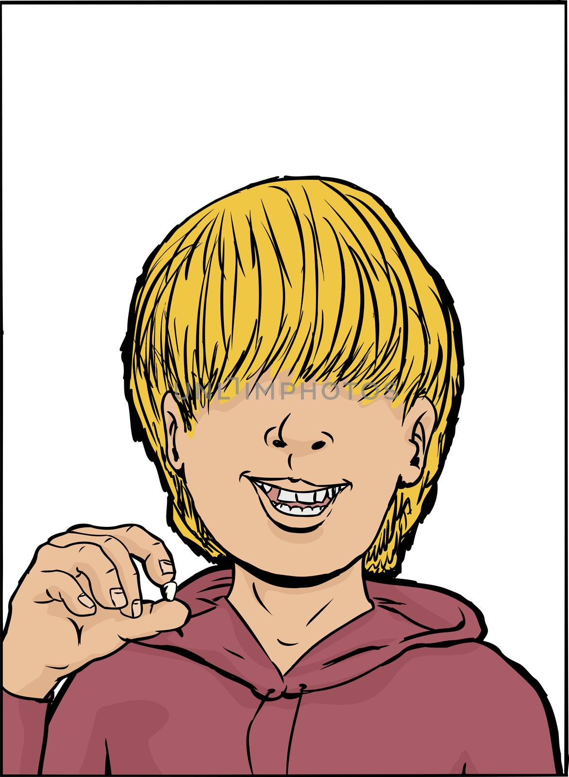 Grinning blond male child in sweatshirt holding tooth