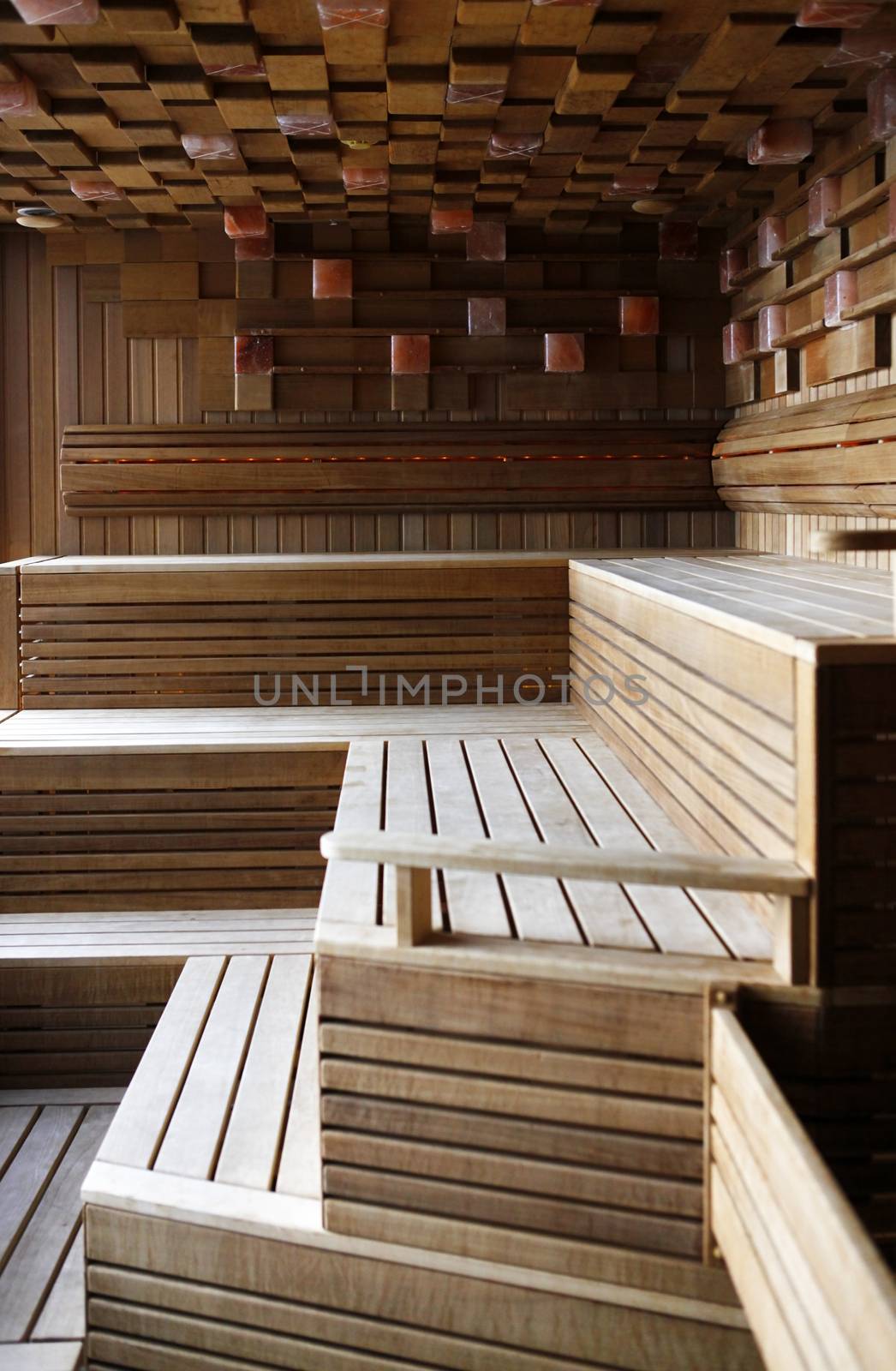 Interior of a wooden Finnish sauna