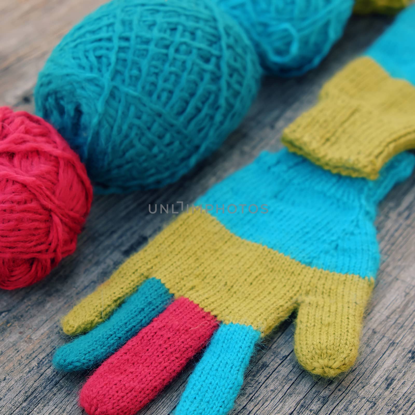 Abstract accessory for cold day in winter, colorful gloves make from leisure hobby in free time, handmade gift for mother day or valentine day