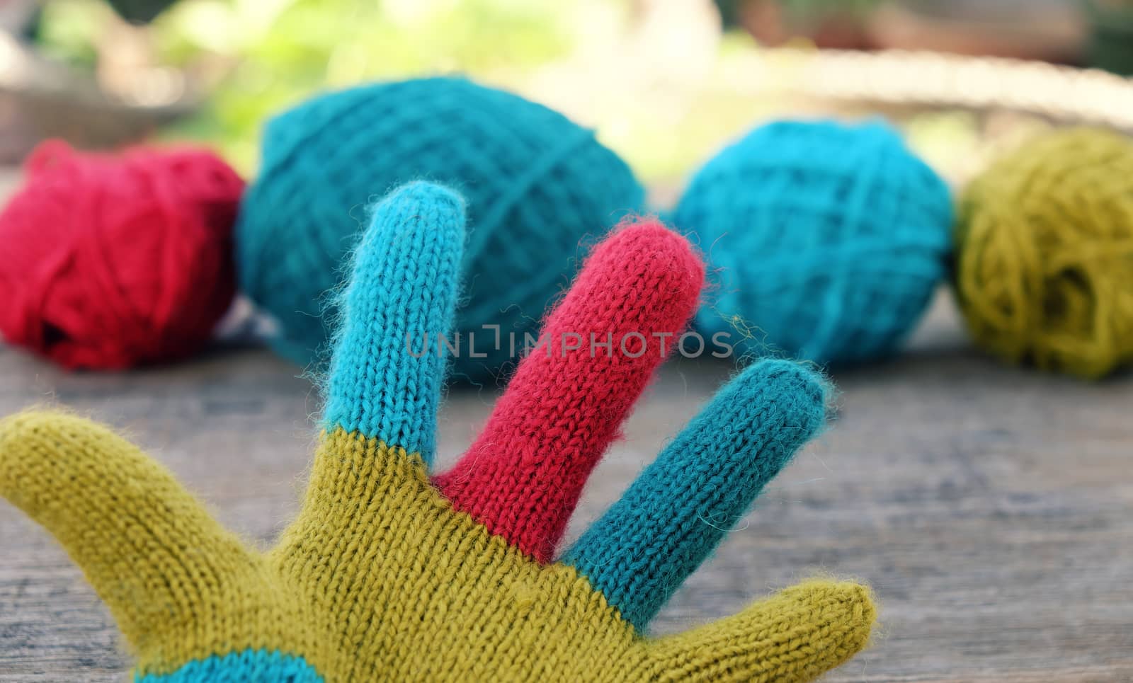 Abstract accessory for cold day in winter, colorful gloves make from leisure hobby in free time, handmade gift for mother day or valentine day