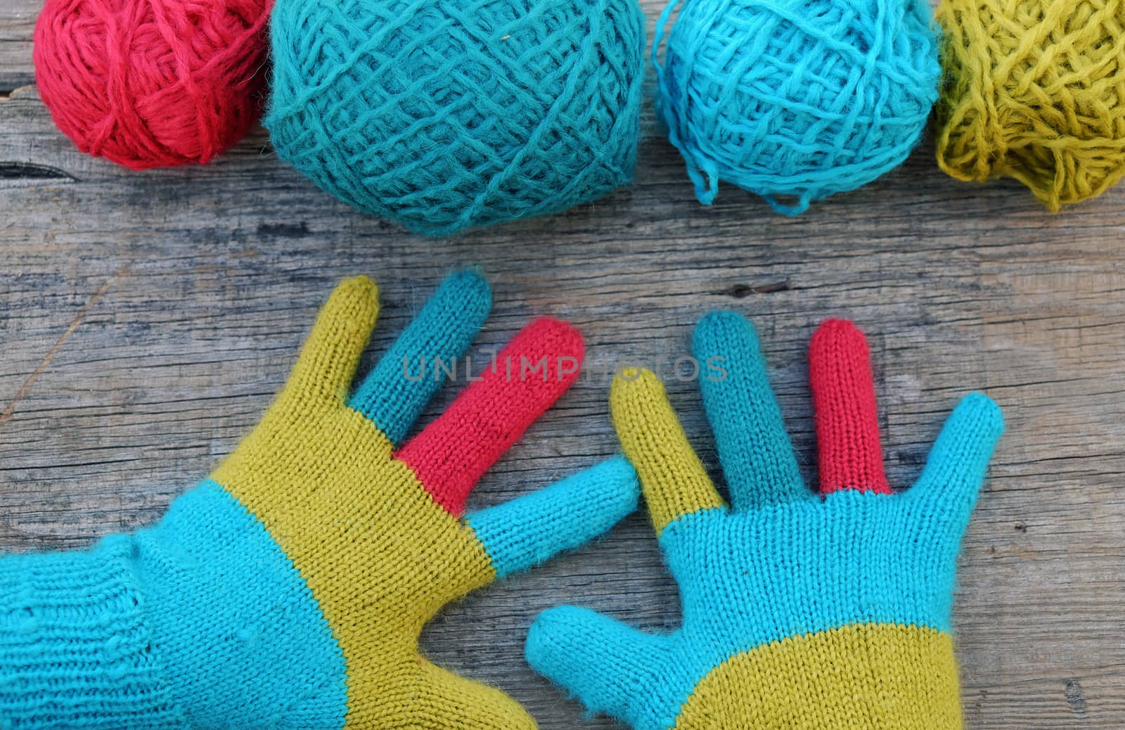 Abstract accessory for cold day in winter, colorful gloves make from leisure hobby in free time, handmade gift for mother day or valentine day