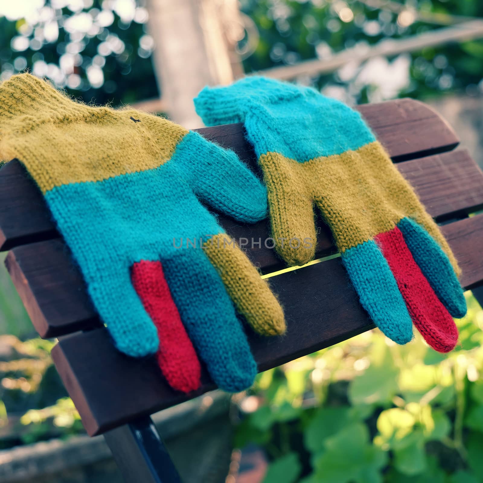 Abstract accessory for cold day in winter, colorful gloves make from leisure hobby in free time, handmade gift for mother day or valentine day