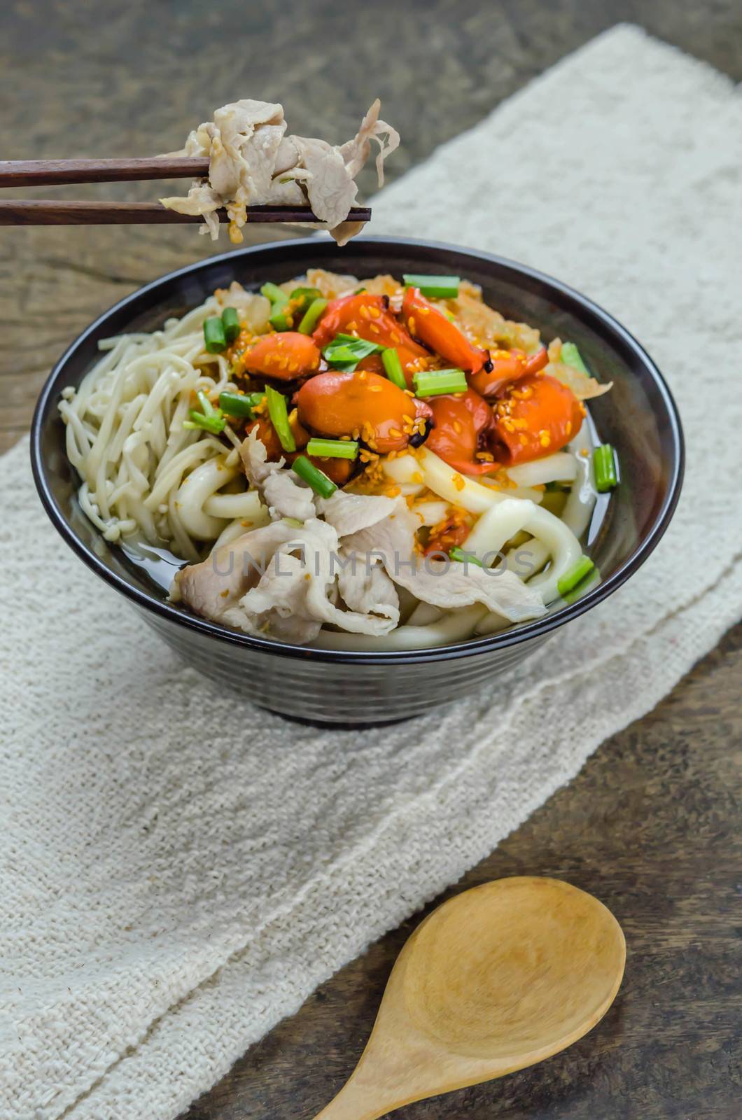 Korean hot spicy noodles with kimchi and seafood