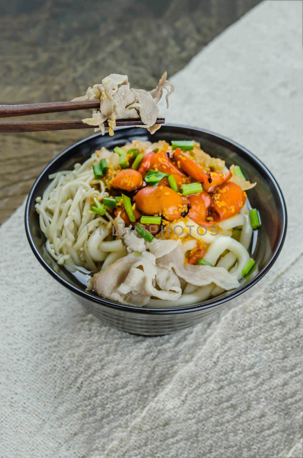 Korean hot spicy noodles with kimchi and seafood