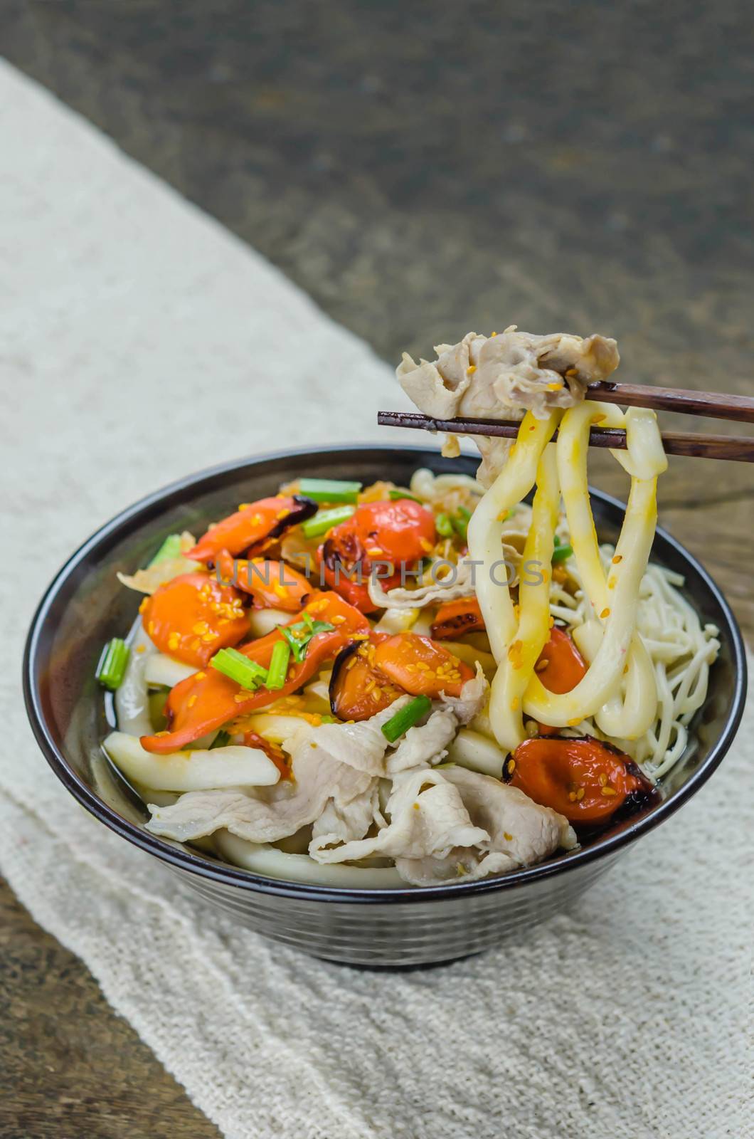 Korean hot spicy noodles with kimchi and seafood