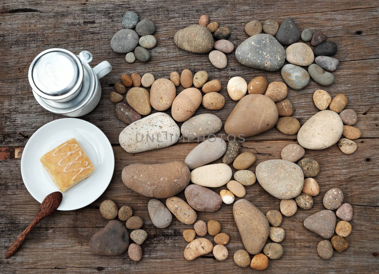 Relax morning for new day with coffee time in cafeteria, abstract cafe interior with table near glass window, pebbles background make group of foot, romantic view for breakfast in vintage color