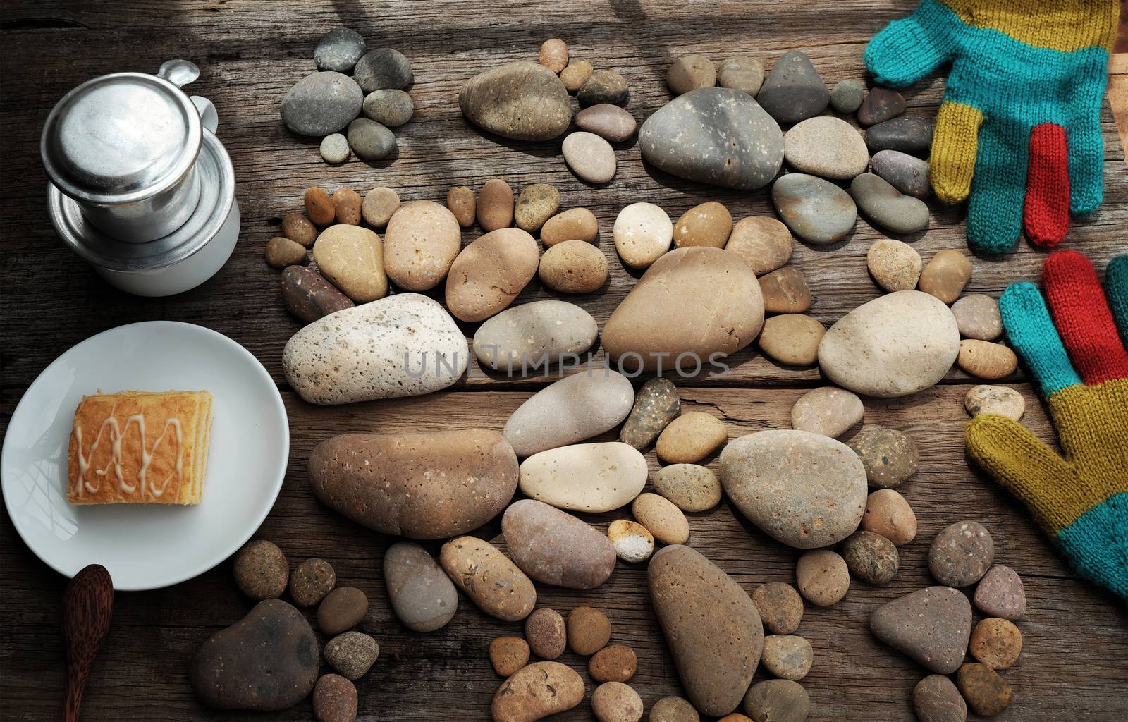 Relax morning for new day with coffee time in cafeteria, abstract cafe interior with table near glass window, pebbles background make group of foot, romantic view for breakfast in vintage color