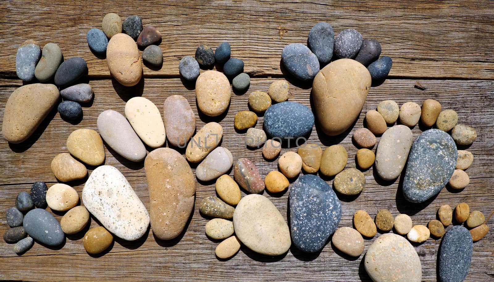 Abstract cute concept on wood background from pebbles, amazing arranged boulder to family of footprint, awesome shape from pebblestone