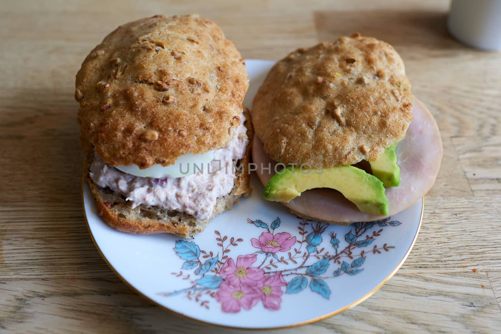 Panini made from spelt. With avocado and ham.