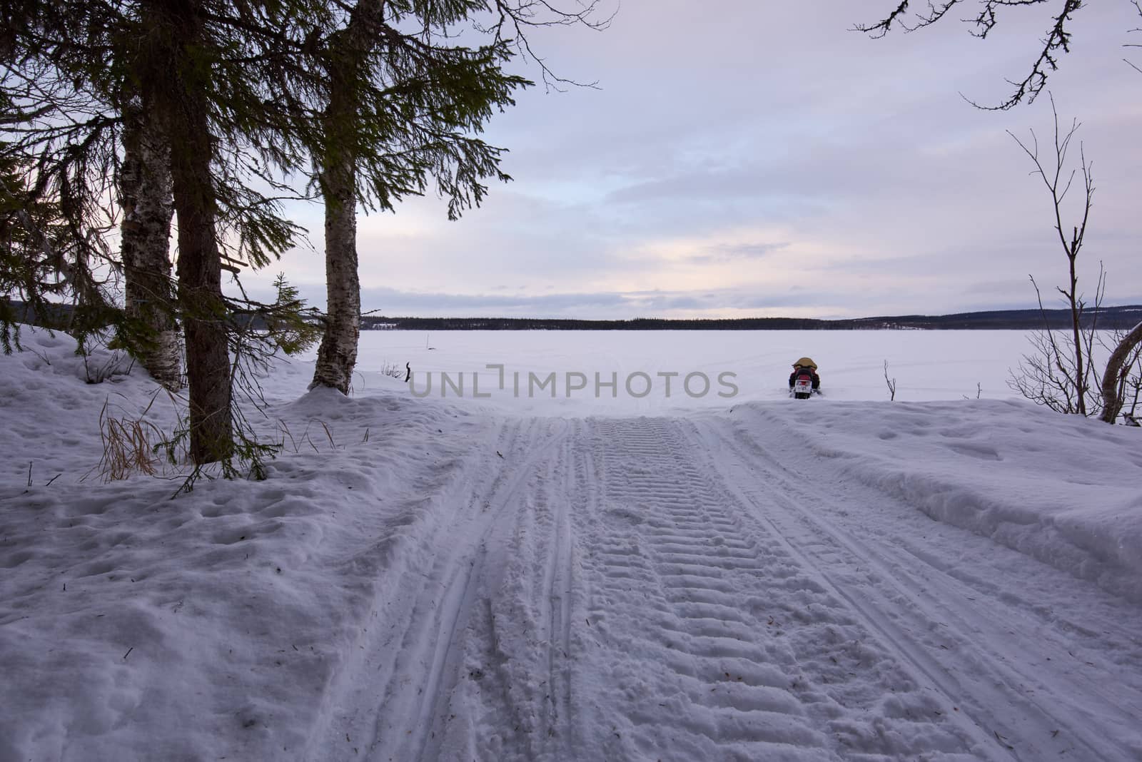 Driving out from a winter forest and heading to a frozen lake using a snowmobile.