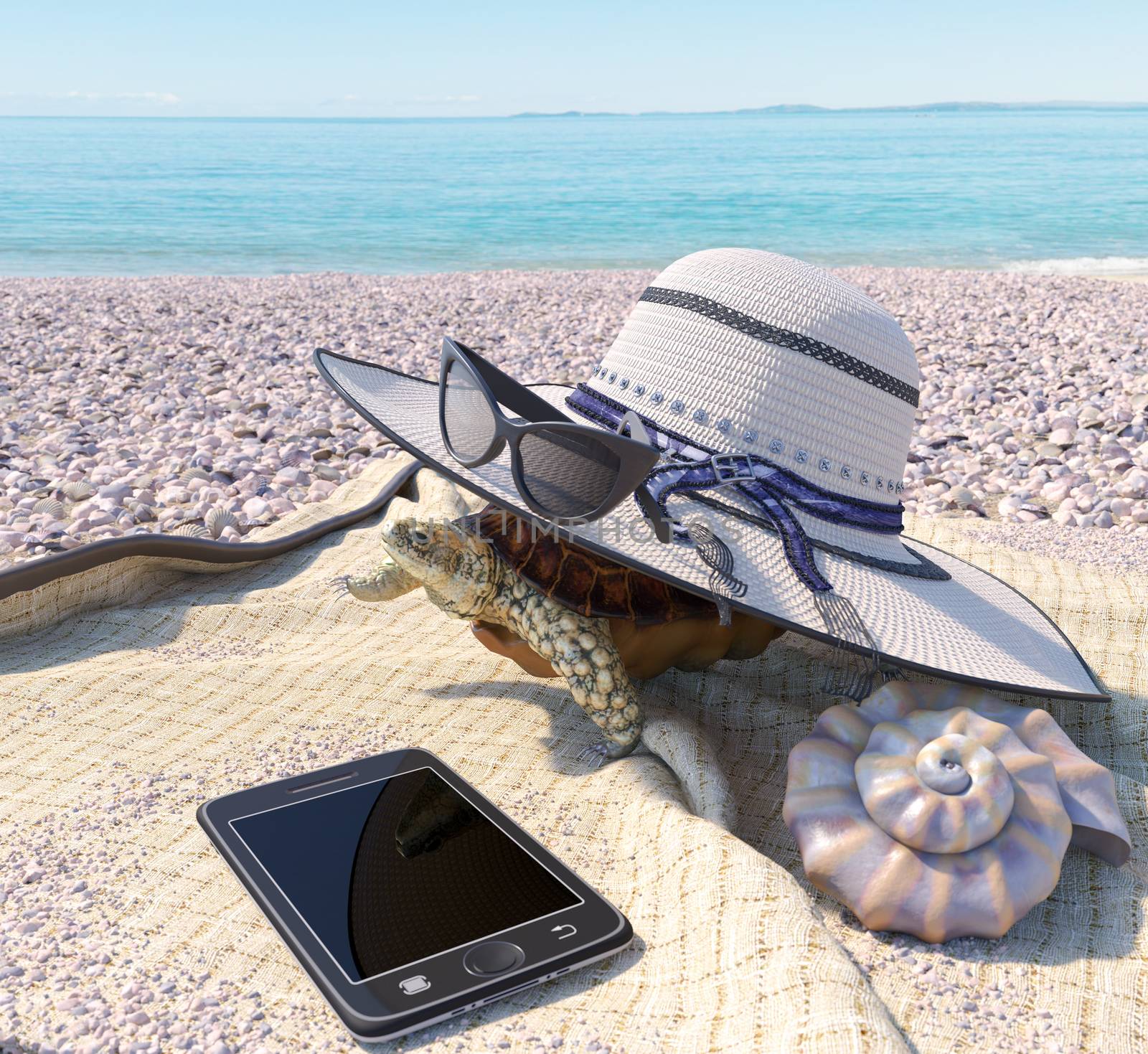 relaxing vacation concept background with seashell, turtle and beach accessories