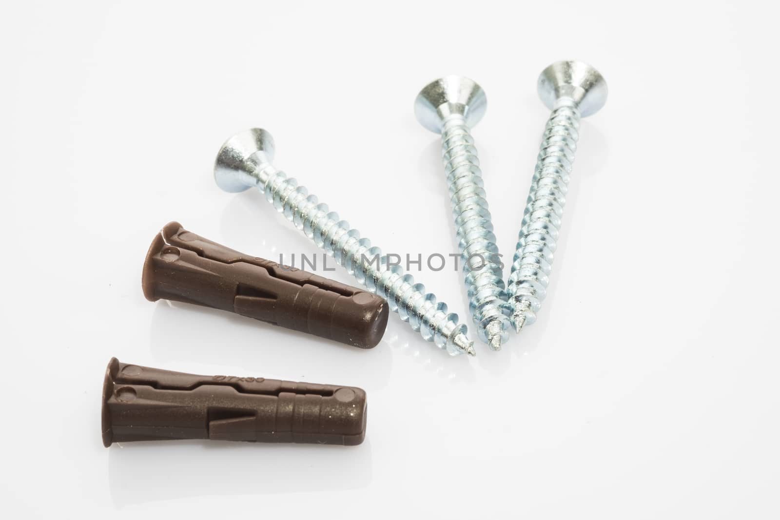 three screw and two raw plugs on white background