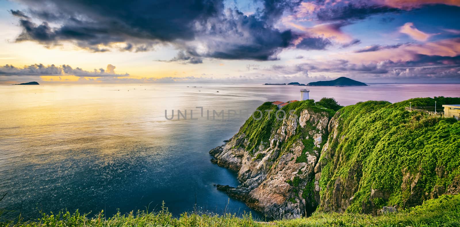 Hong Kong lighthouse during sunrise , Hok Tsui Cape D'Aguilar beautiful landscape